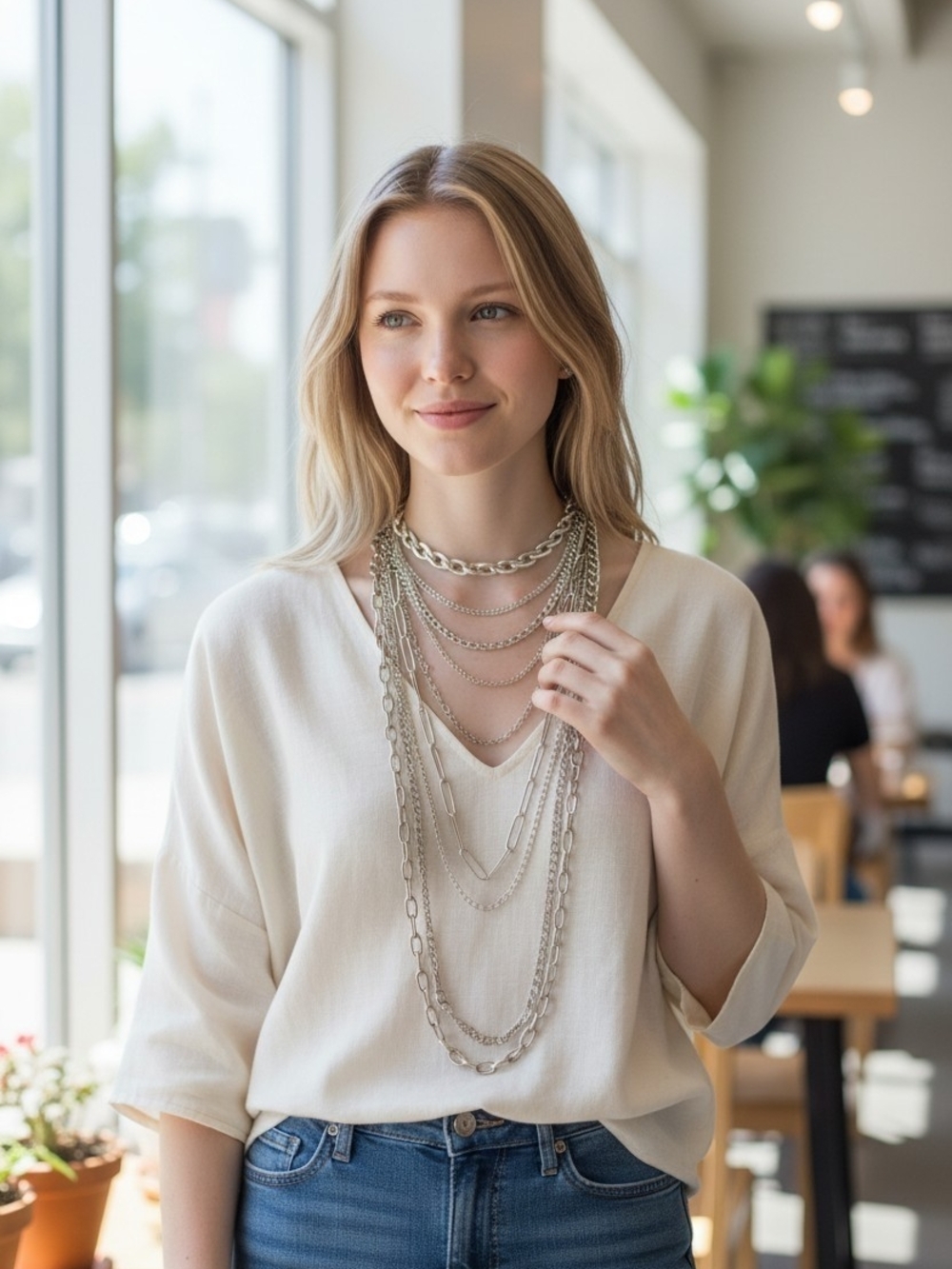 Vintage Silver Multi-Layer Chain Necklace with Mixed Links